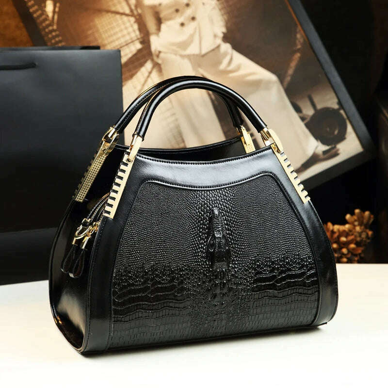 KIMLUD, Genuine leather crocodile pattern handbag Women middle-aged female bag mother bag shoulder messenger bag multi-layer large bag, black, KIMLUD Womens Clothes