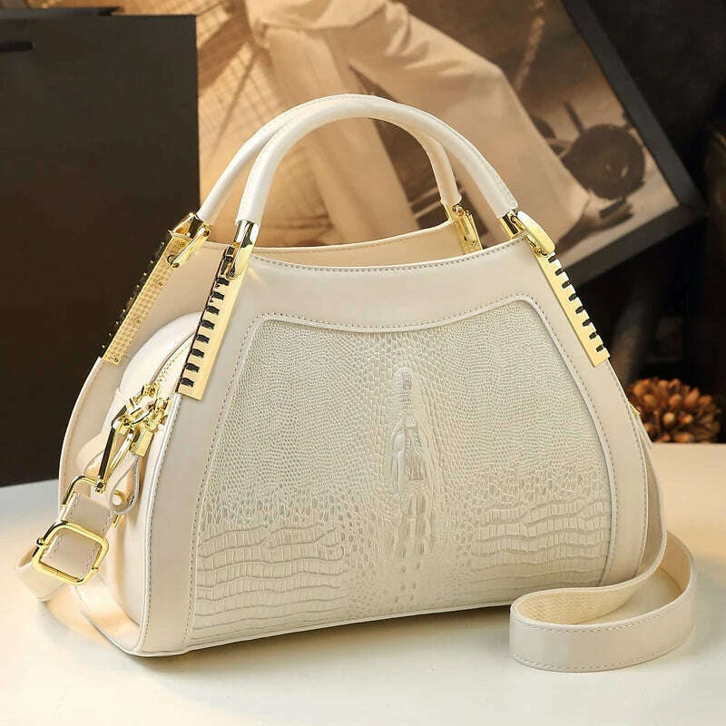 KIMLUD, Genuine leather crocodile pattern handbag Women middle-aged female bag mother bag shoulder messenger bag multi-layer large bag, white, KIMLUD Womens Clothes