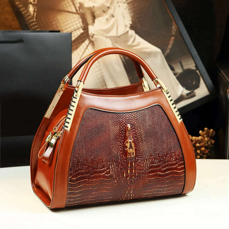 KIMLUD, Genuine leather crocodile pattern handbag Women middle-aged female bag mother bag shoulder messenger bag multi-layer large bag, Orange, KIMLUD Womens Clothes