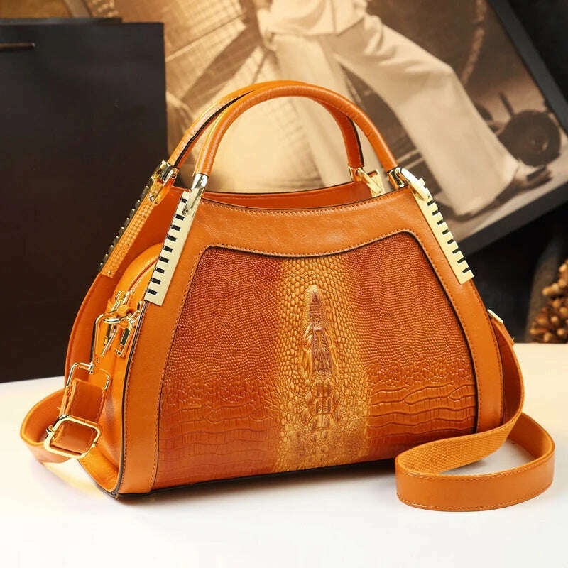 KIMLUD, Genuine leather crocodile pattern handbag Women middle-aged female bag mother bag shoulder messenger bag multi-layer large bag, Bright orange, KIMLUD Womens Clothes