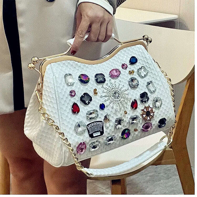 KIMLUD, Genuine Leather Diamonds Women Handbags 2023 New Fashion Lady Tote Bag Colorful Crystals Chain Shoulder Messenger Bags, KIMLUD Women's Clothes