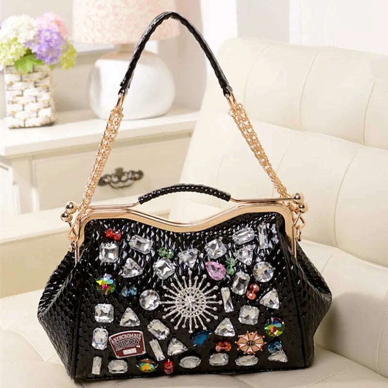 KIMLUD, Genuine Leather Diamonds Women Handbags 2023 New Fashion Lady Tote Bag Colorful Crystals Chain Shoulder Messenger Bags, Black, KIMLUD Womens Clothes