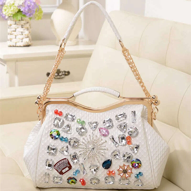 KIMLUD, Genuine Leather Diamonds Women Handbags 2023 New Fashion Lady Tote Bag Colorful Crystals Chain Shoulder Messenger Bags, White, KIMLUD Womens Clothes