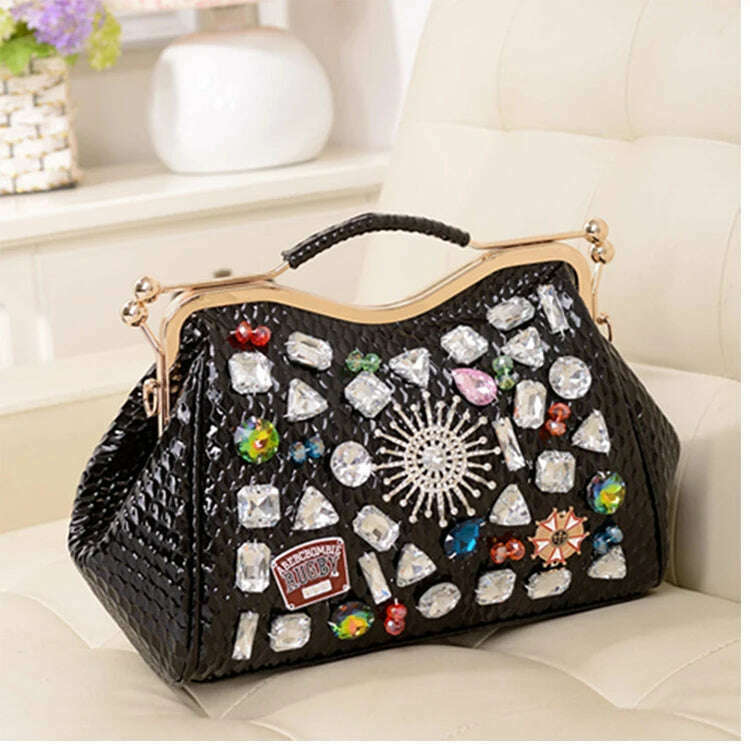 KIMLUD, Genuine Leather Diamonds Women Handbags 2023 New Fashion Lady Tote Bag Colorful Crystals Chain Shoulder Messenger Bags, KIMLUD Womens Clothes