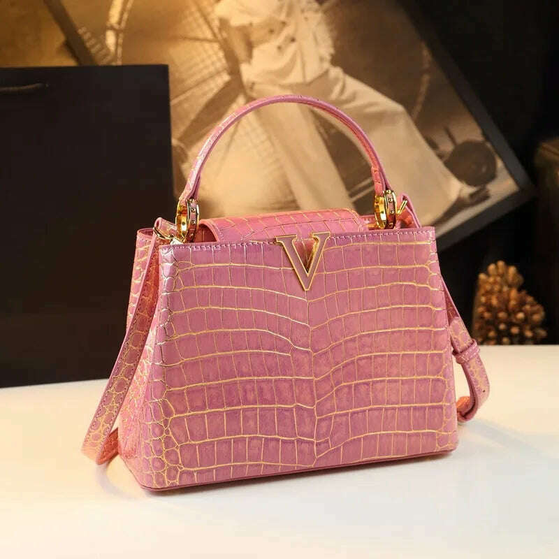 KIMLUD, Genuine Leather Gradient Crocodile Pattern Women Handbags Tote Bag Female 2024 V-Shaped Shoudler Messenger Bags Luxury Fashion, Pink, KIMLUD Women's Clothes