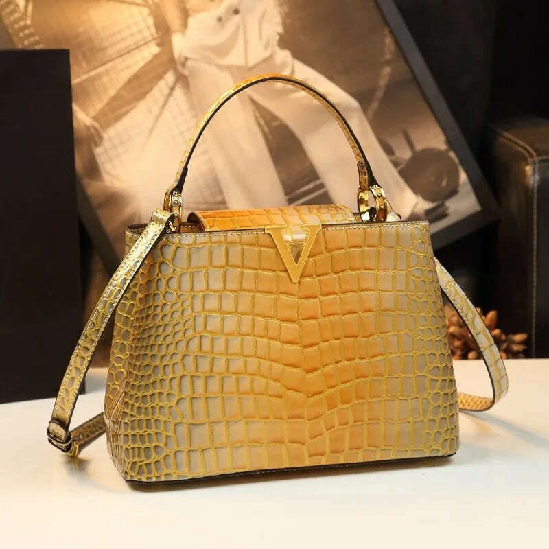 KIMLUD, Genuine Leather Gradient Crocodile Pattern Women Handbags Tote Bag Female 2024 V-Shaped Shoudler Messenger Bags Luxury Fashion, KIMLUD Womens Clothes