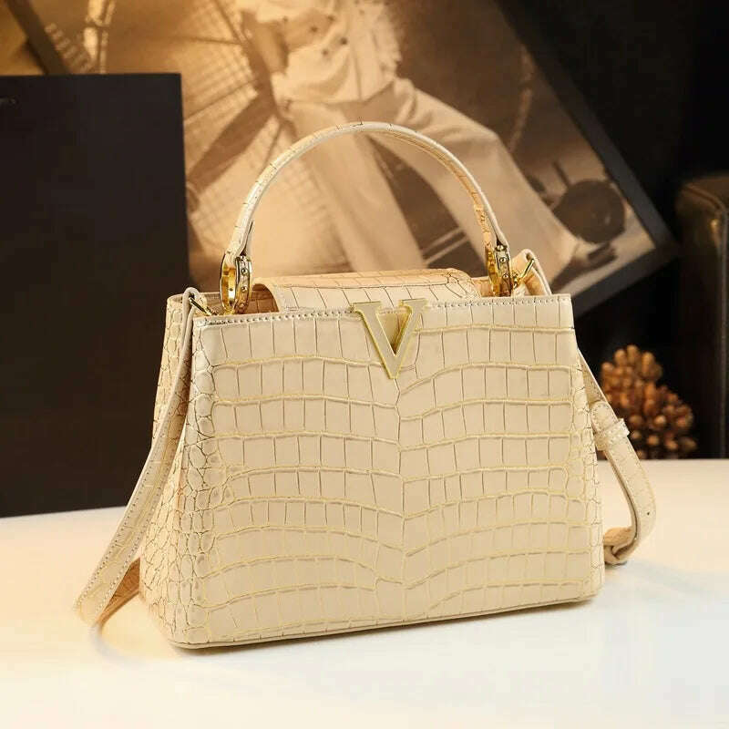 KIMLUD, Genuine Leather Gradient Crocodile Pattern Women Handbags Tote Bag Female 2024 V-Shaped Shoudler Messenger Bags Luxury Fashion, Gold, KIMLUD Womens Clothes