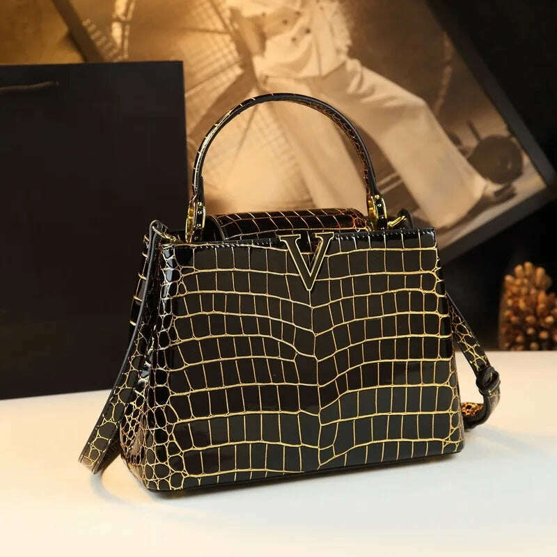 KIMLUD, Genuine Leather Gradient Crocodile Pattern Women Handbags Tote Bag Female 2024 V-Shaped Shoudler Messenger Bags Luxury Fashion, Black, KIMLUD Womens Clothes