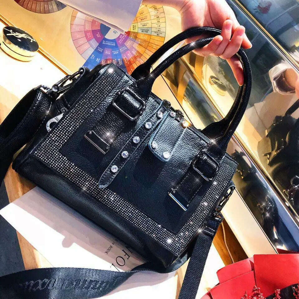 KIMLUD, Genuine Leather Hot Diamond European And American Women's Bag Personalized Handbag Large Capacity Fashion Casual Messenger Bag, Black, KIMLUD APPAREL - Womens Clothes