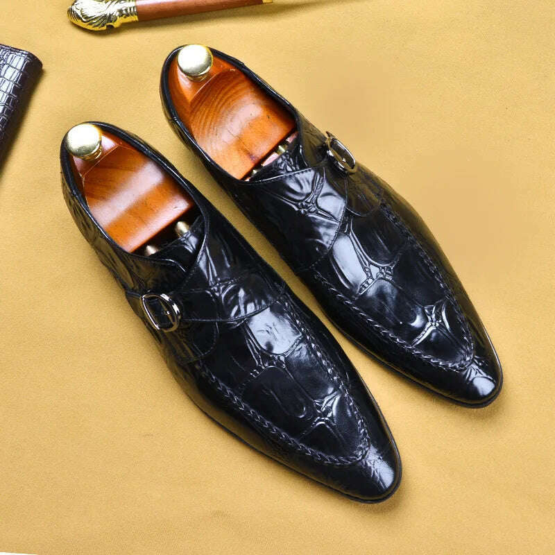 KIMLUD, Genuine Leather Luxury Man Loafers Monk Strap Men Formal Dress Shoes Fashion Business Wedding Crocodile Pattern Oxford Shoes, black / 6, KIMLUD Womens Clothes