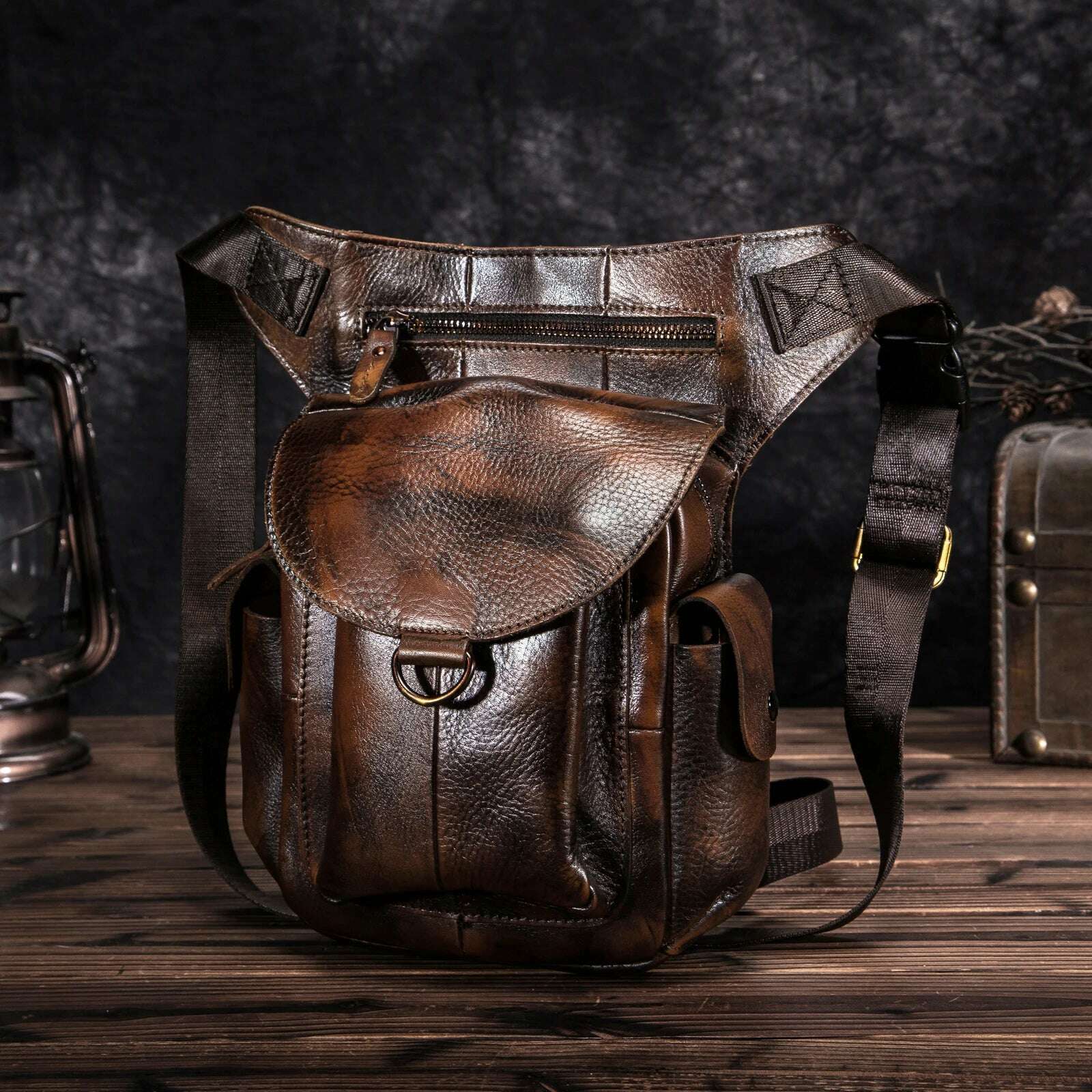KIMLUD, Genuine Leather Men Design Casual 8&quot; Tablet Messenger Sling Bag Multifunction Fashion Travel Waist Belt Pack Leg Bag Male 9938-G, KIMLUD Women's Clothes