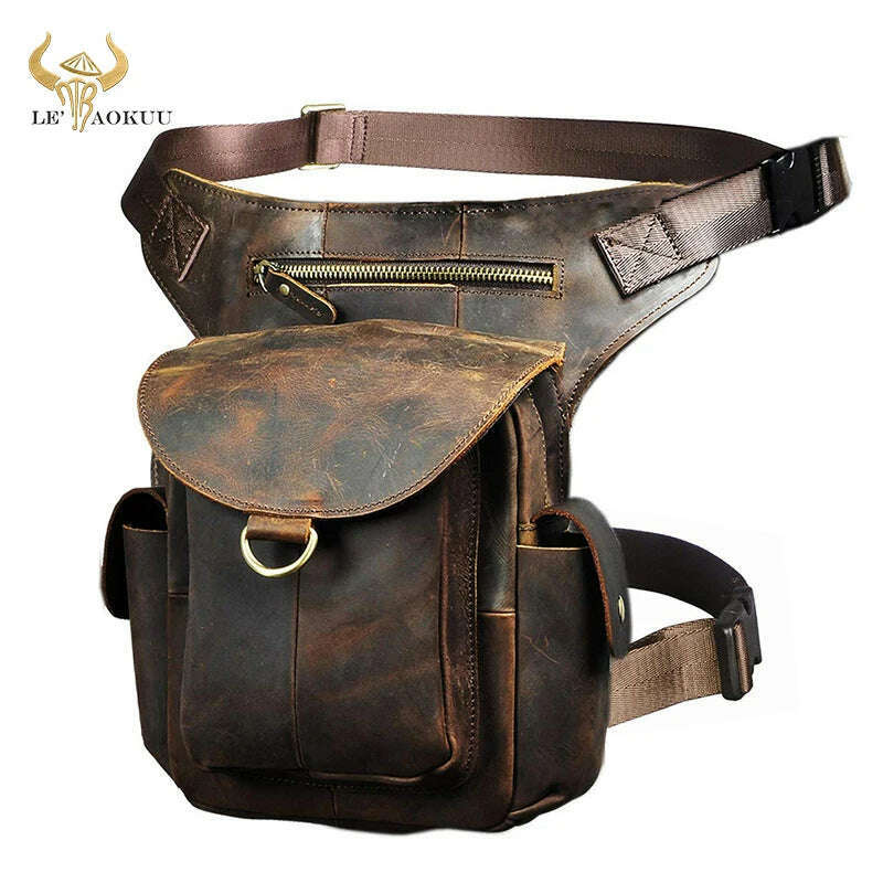 KIMLUD, Genuine Leather Men Design Casual 8&quot; Tablet Messenger Sling Bag Multifunction Fashion Travel Waist Belt Pack Leg Bag Male 9938-G, dark brown, KIMLUD Womens Clothes