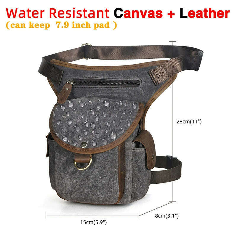 KIMLUD, Genuine Leather Men Design Casual 8&quot; Tablet Messenger Sling Bag Multifunction Fashion Travel Waist Belt Pack Leg Bag Male 9938-G, canvas-gray, KIMLUD Womens Clothes