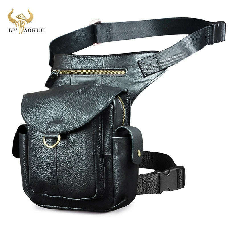 KIMLUD, Genuine Leather Men Design Casual 8&quot; Tablet Messenger Sling Bag Multifunction Fashion Travel Waist Belt Pack Leg Bag Male 9938-G, black, KIMLUD Womens Clothes