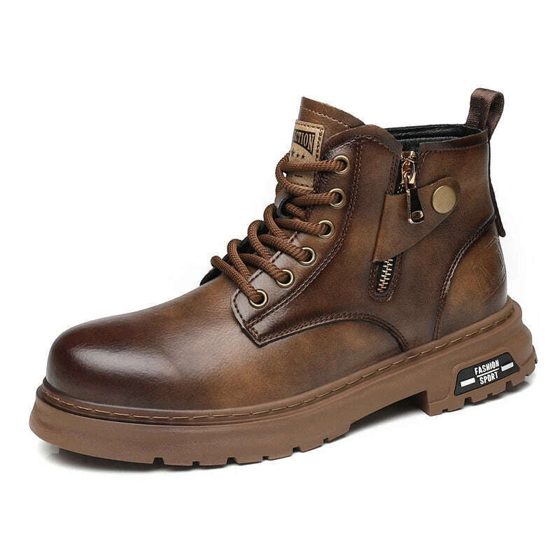 KIMLUD, Genuine Leather Mens Shoes High-top Fashion Shoes Comfortable Motorcycle Boots Street Style Male Casual Ankle Boots High Quality, Brown / 38, KIMLUD APPAREL - Womens Clothes