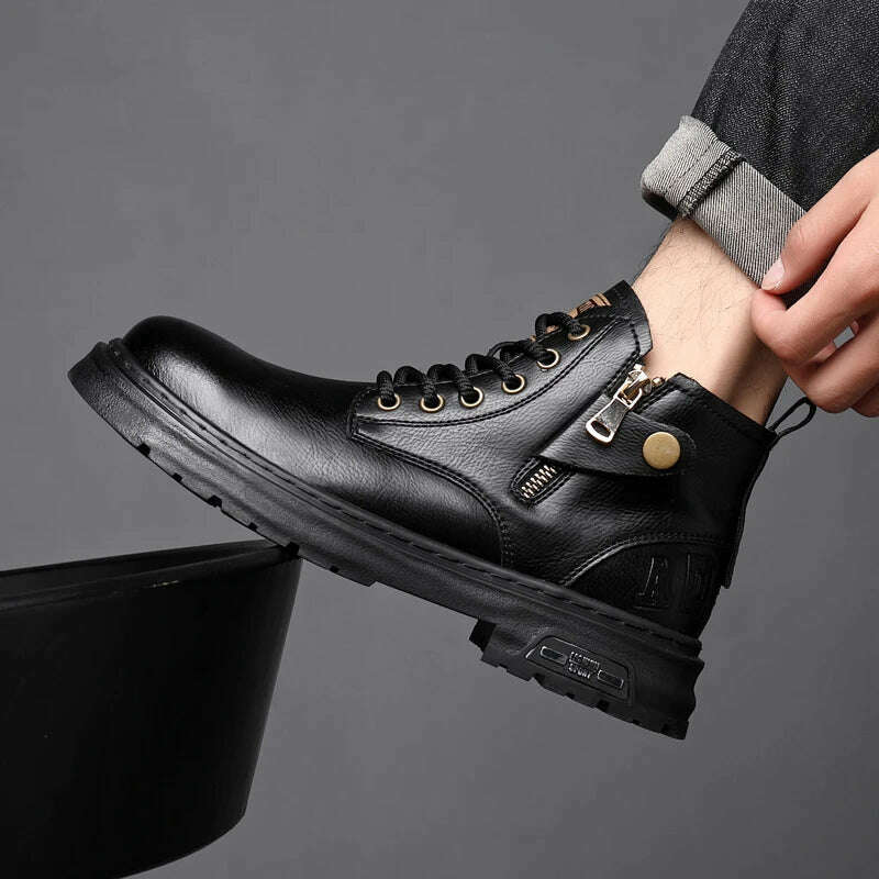 KIMLUD, Genuine Leather Mens Shoes High-top Fashion Shoes Comfortable Motorcycle Boots Street Style Male Casual Ankle Boots High Quality, KIMLUD Womens Clothes