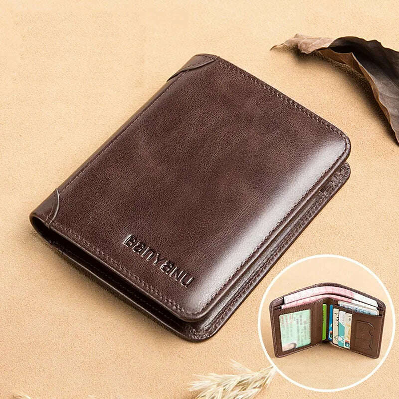 KIMLUD, Genuine Leather Men's Wallet RFID Anti-theft Brush Ultra-thin Top Layer Cowhide Short Genuine Leather Wallet Wholesale, Coffee, KIMLUD Womens Clothes