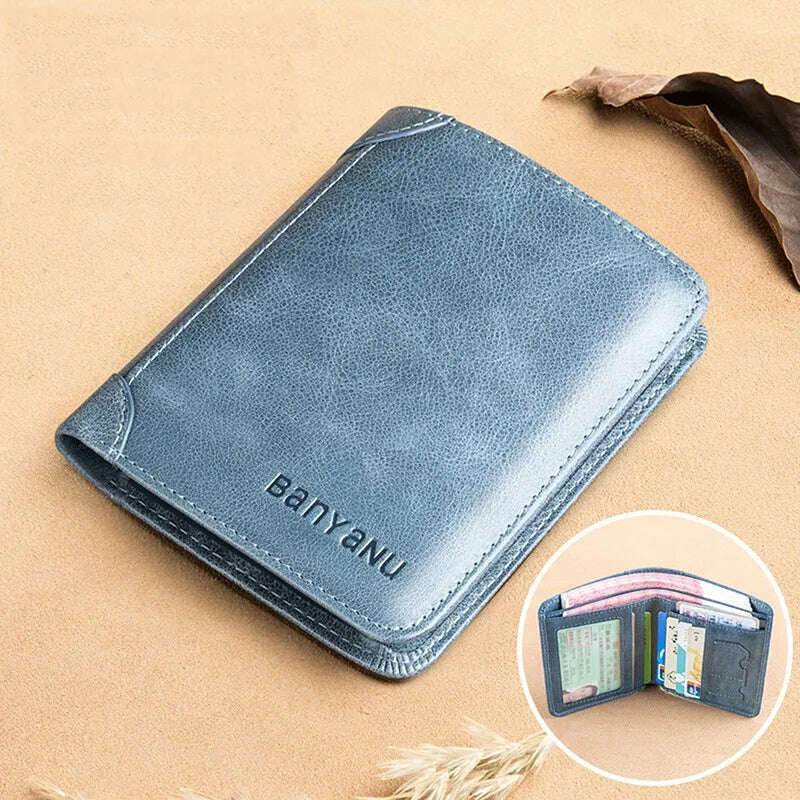 KIMLUD, Genuine Leather Men's Wallet RFID Anti-theft Brush Ultra-thin Top Layer Cowhide Short Genuine Leather Wallet Wholesale, Blue, KIMLUD Womens Clothes