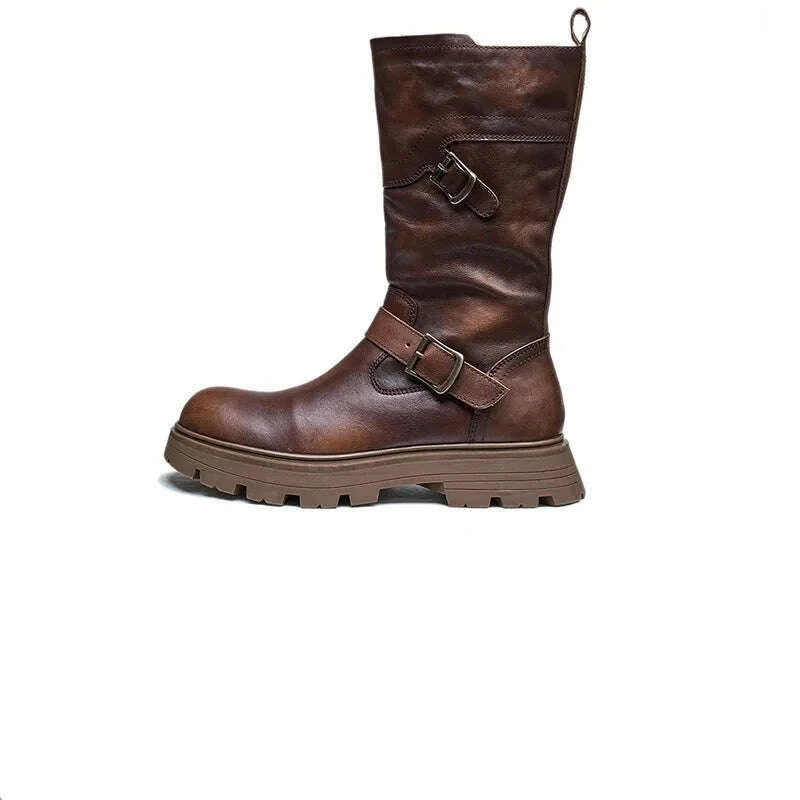 KIMLUD, Genuine Leather Motorcycle Boots New Men's Winter Mid-calf Buckle Belt Leather Knight Boots Combat Cowboy Boots Cool Shoes Zip, Dark Brown / 42, KIMLUD APPAREL - Womens Clothes