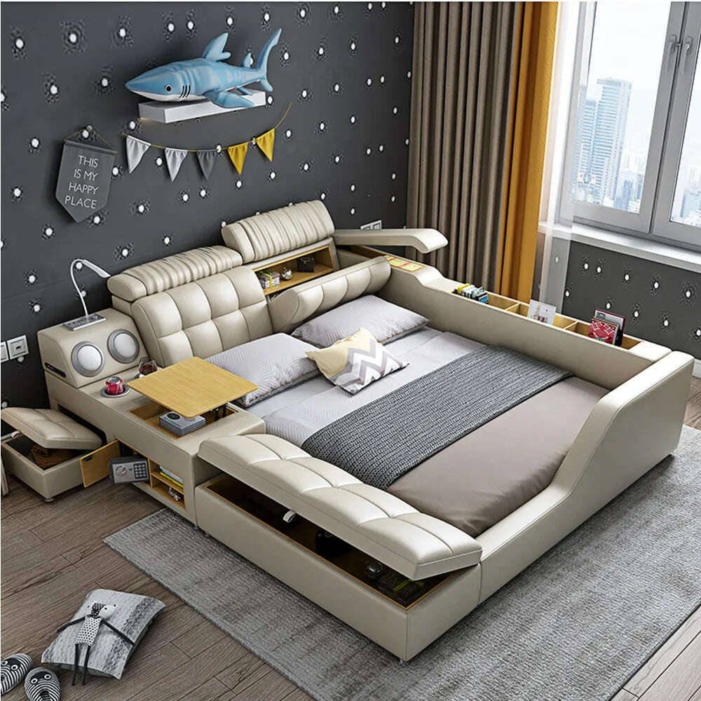 Genuine Leather multifunctional massage bed frame modern Nordic camas ultimate bed With storage LED light Bluetooth speaker safe, KIMLUD Women's Clothes
