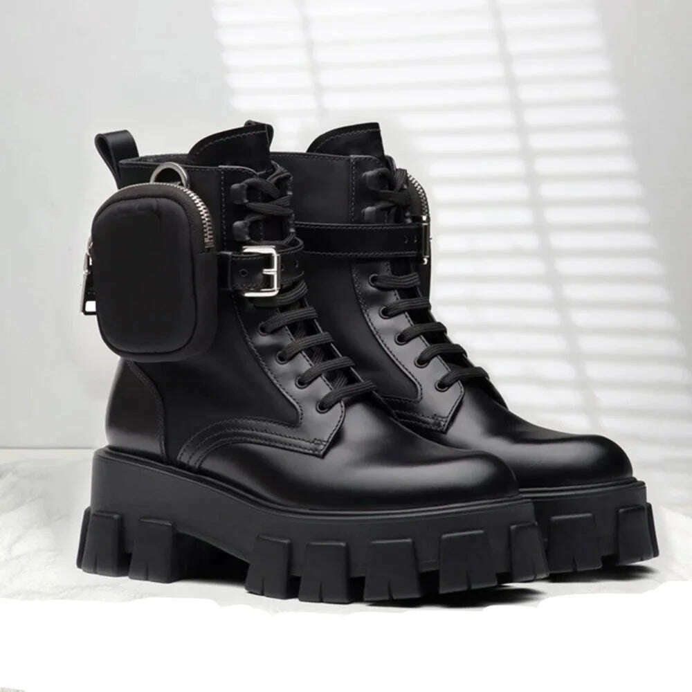 KIMLUD, Genuine Leather Platform Women Motorcycle Boots with Small Bag Lace Up Round Fashion Ankle Boots Autumn Winter New Black Boots, as photo / 34, KIMLUD APPAREL - Womens Clothes