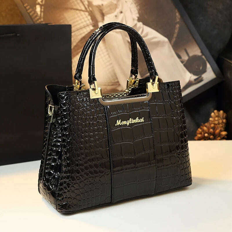 KIMLUD, Genuine Leather Women Handbag 2023 New Fashion Brand Crocodile Pattern Lady Portable Tote Bag Shoulder Crossbody Bags For Female, Black, KIMLUD Womens Clothes