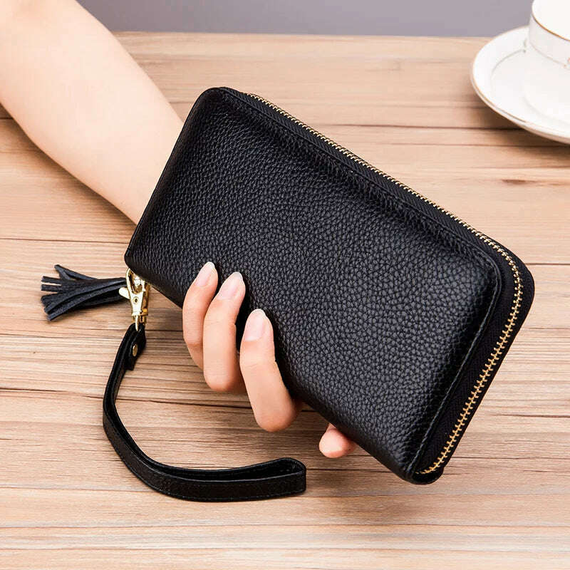 KIMLUD, Genuine Leather Women Solid Long Wallets Ladies Tassel Design Clutch Female Phone Money Bag Coin Zipper Purse Rfid Card Holder, KIMLUD Womens Clothes