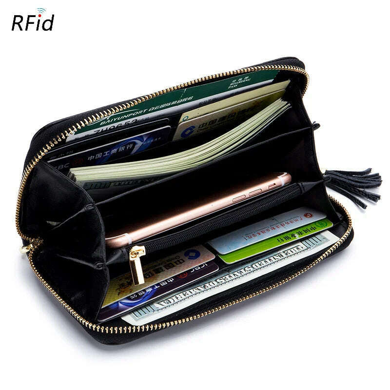 KIMLUD, Genuine Leather Women Solid Long Wallets Ladies Tassel Design Clutch Female Phone Money Bag Coin Zipper Purse Rfid Card Holder, KIMLUD Womens Clothes