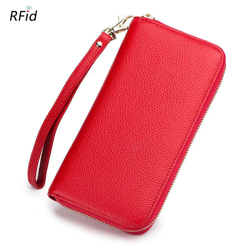 KIMLUD, Genuine Leather Women Solid Long Wallets Ladies Tassel Design Clutch Female Phone Money Bag Coin Zipper Purse Rfid Card Holder, Red, KIMLUD Womens Clothes