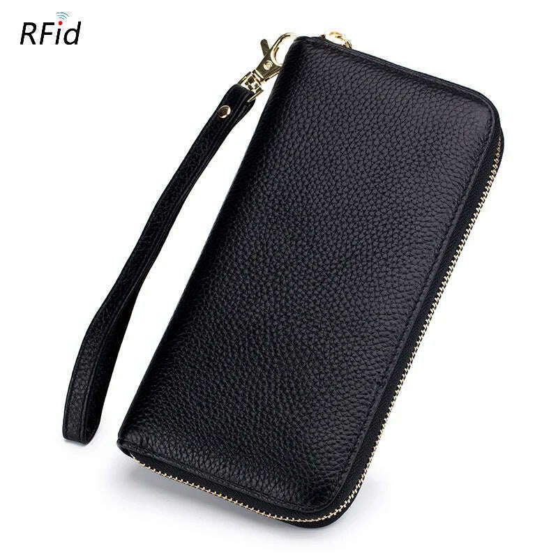 KIMLUD, Genuine Leather Women Solid Long Wallets Ladies Tassel Design Clutch Female Phone Money Bag Coin Zipper Purse Rfid Card Holder, Black, KIMLUD Womens Clothes