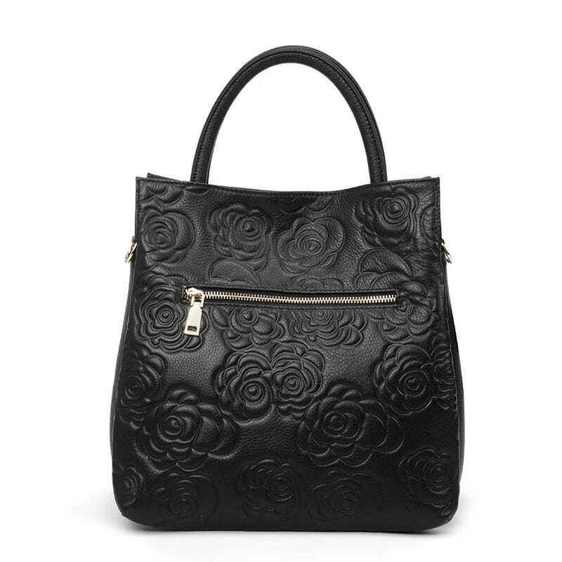 Genuine leather women's bag embossed hand carry bag, large capacity bucket bag, top layer cowhide one-shoulder cross-body bag - KIMLUD