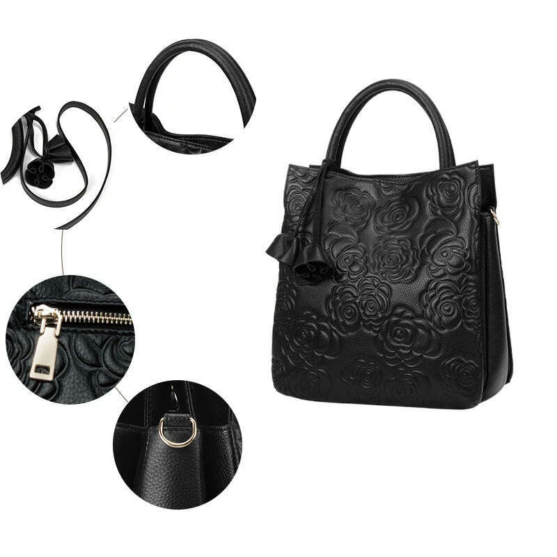 Genuine leather women's bag embossed hand carry bag, large capacity bucket bag, top layer cowhide one-shoulder cross-body bag - KIMLUD