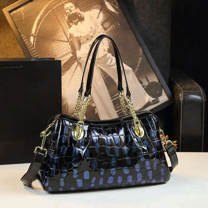 KIMLUD, Genuine Leather Women's Handbags Fashion Large Capacity Lady Crocodile Pattern Underarm Tote Bag Shoulder Messenger Bags 2023, Blue, KIMLUD Women's Clothes