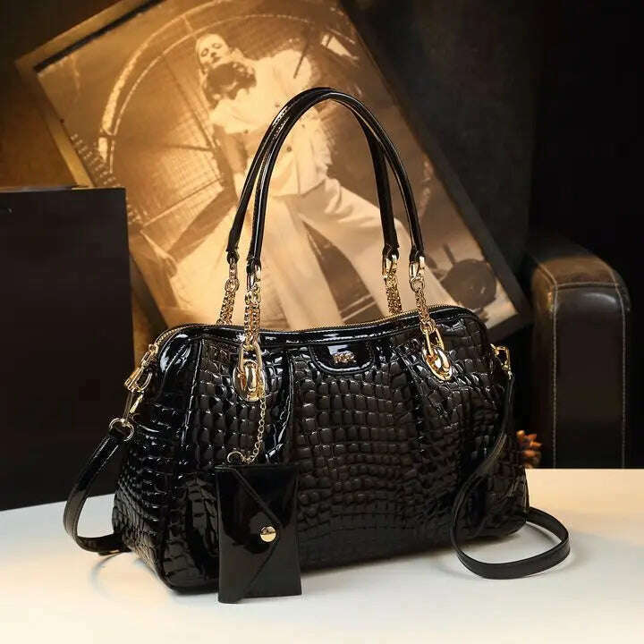 KIMLUD, Genuine Leather Women's Handbags Fashion Large Capacity Lady Crocodile Pattern Underarm Tote Bag Shoulder Messenger Bags 2023, Black, KIMLUD Womens Clothes