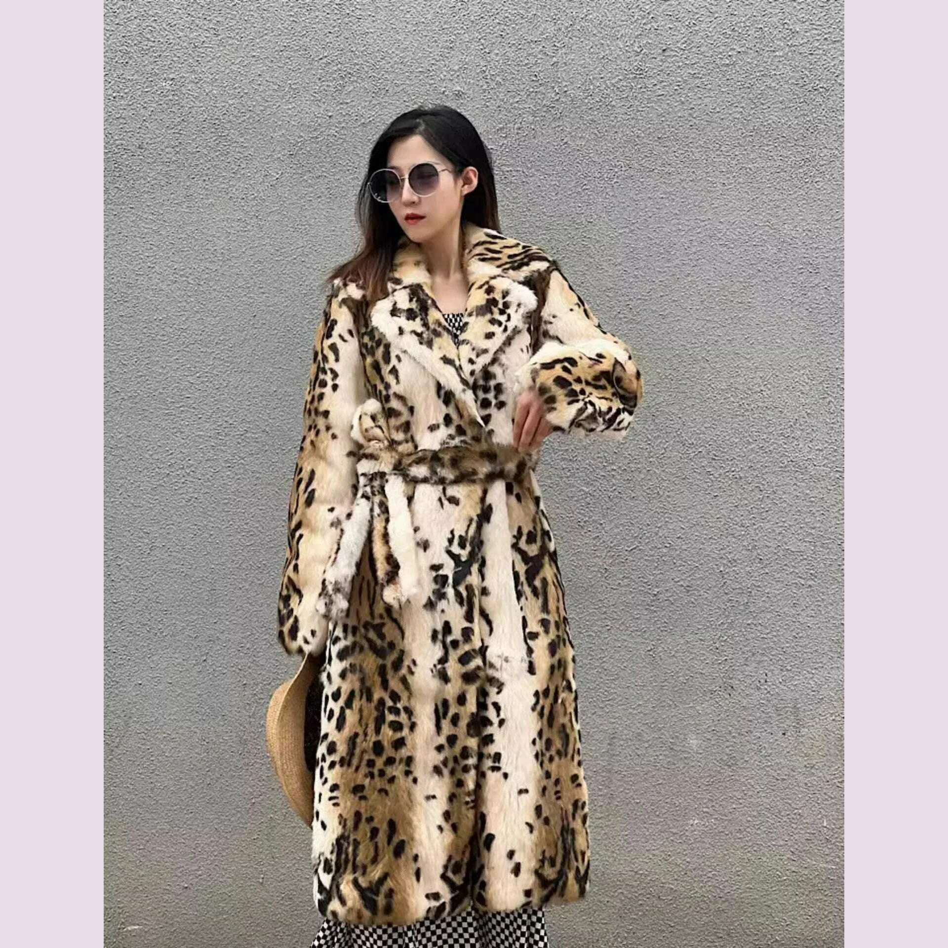KIMLUD, Genuine natural real Rabbit Fur Coat women's long leopard jacket with belt ladies warm winter outwear custom any size, KIMLUD Womens Clothes