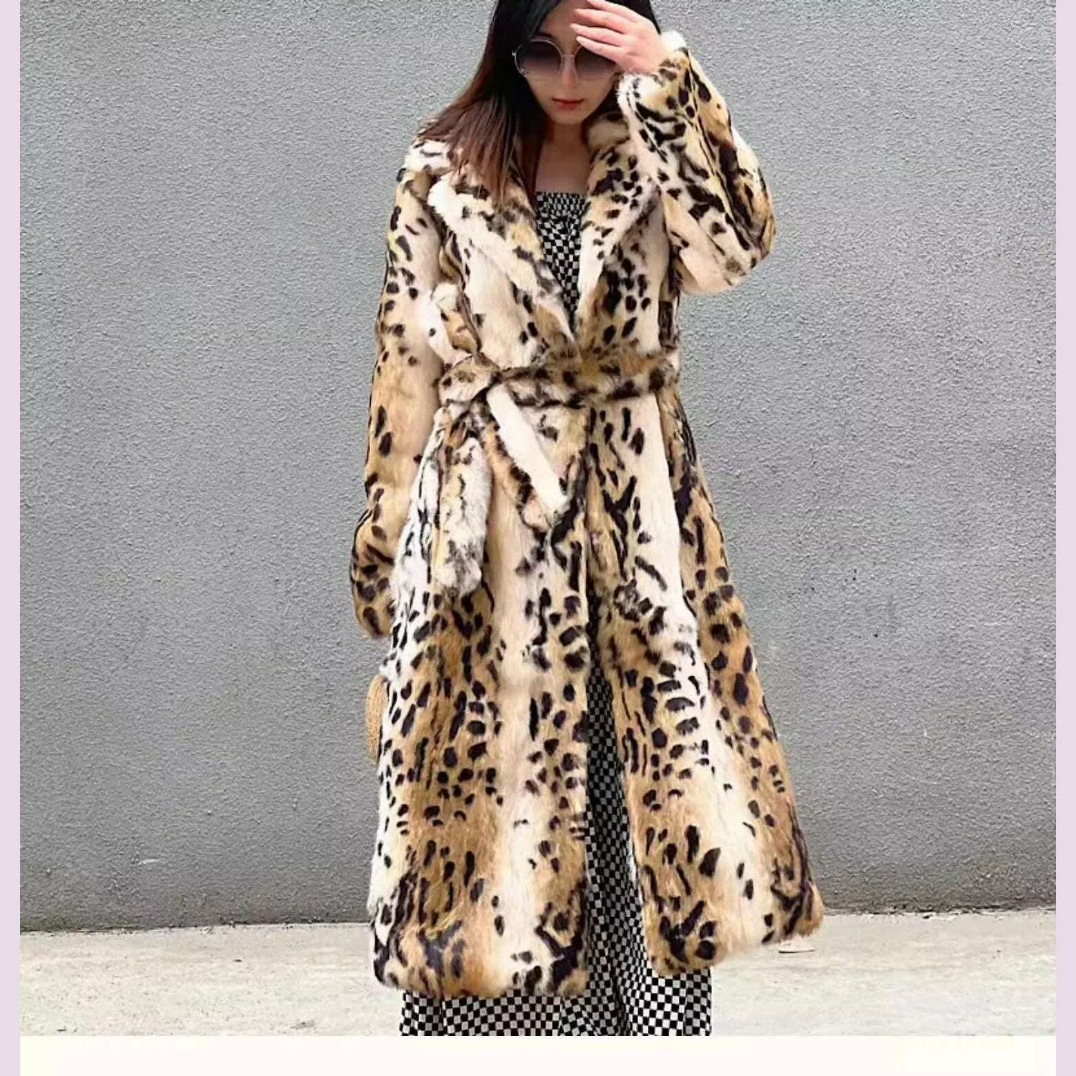 KIMLUD, Genuine natural real Rabbit Fur Coat women's long leopard jacket with belt ladies warm winter outwear custom any size, KIMLUD Womens Clothes