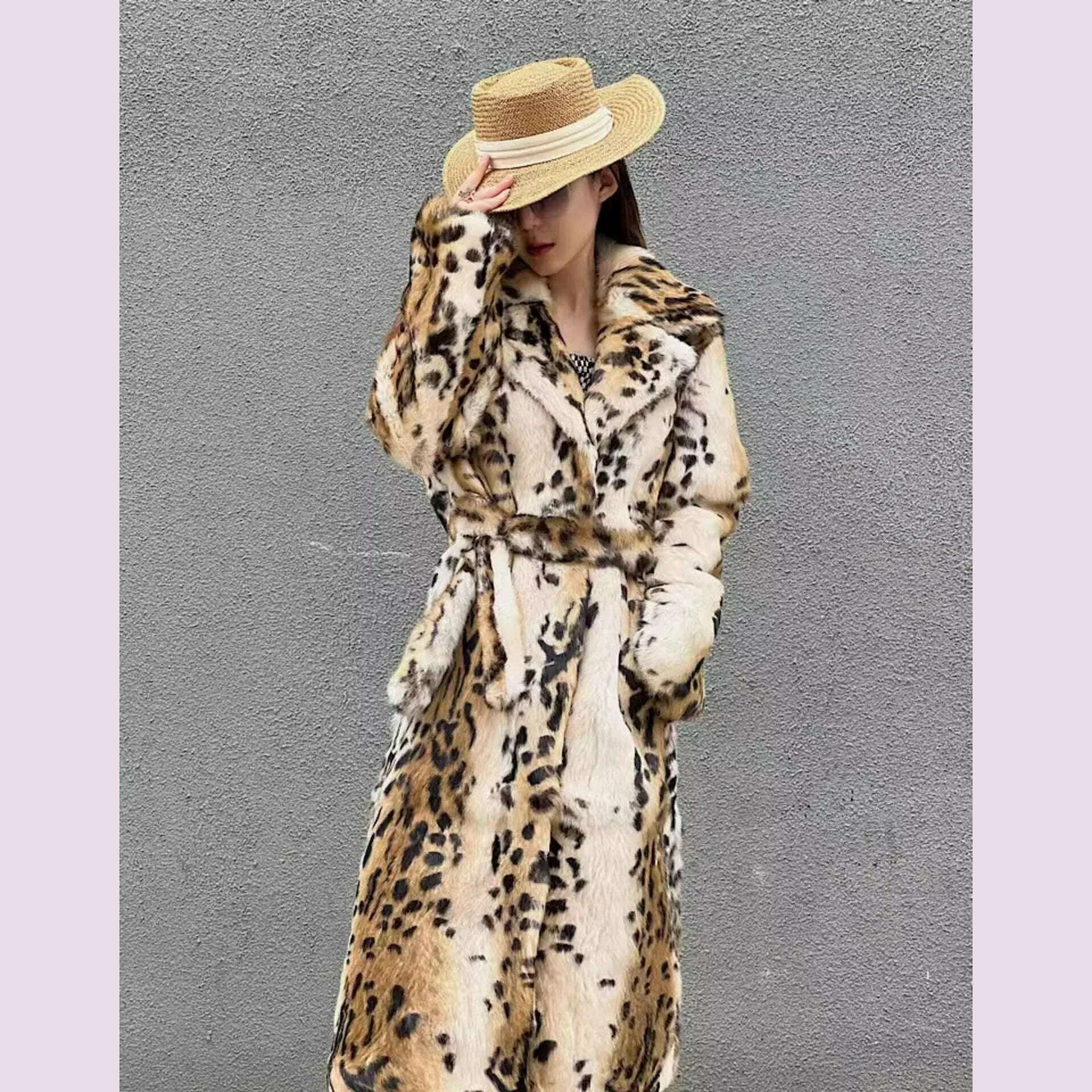 KIMLUD, Genuine natural real Rabbit Fur Coat women's long leopard jacket with belt ladies warm winter outwear custom any size, KIMLUD Womens Clothes