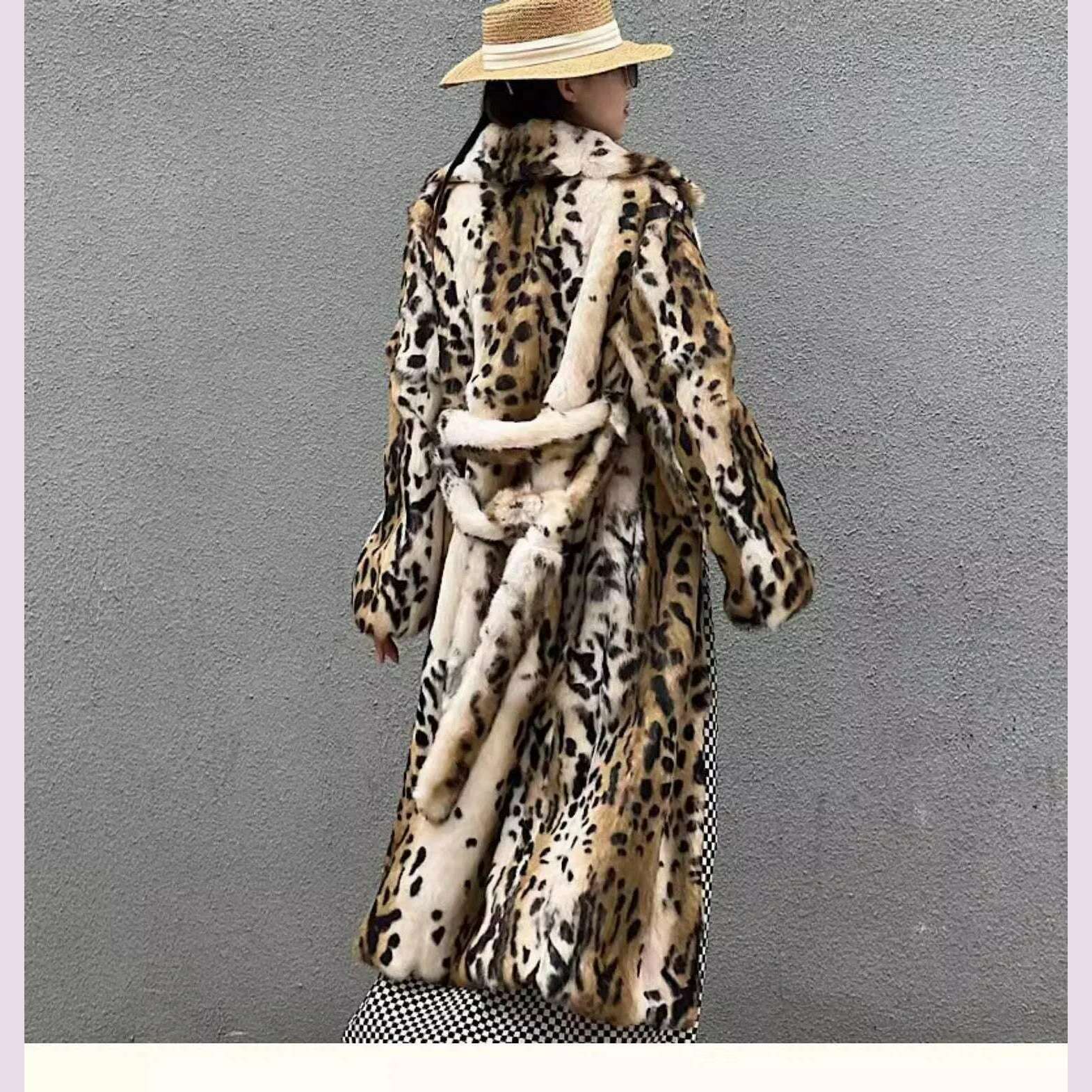 KIMLUD, Genuine natural real Rabbit Fur Coat women's long leopard jacket with belt ladies warm winter outwear custom any size, KIMLUD Womens Clothes