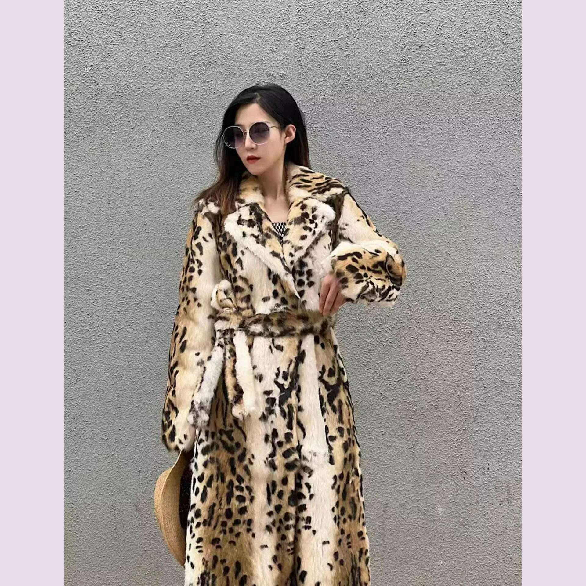 KIMLUD, Genuine natural real Rabbit Fur Coat women's long leopard jacket with belt ladies warm winter outwear custom any size, KIMLUD Womens Clothes