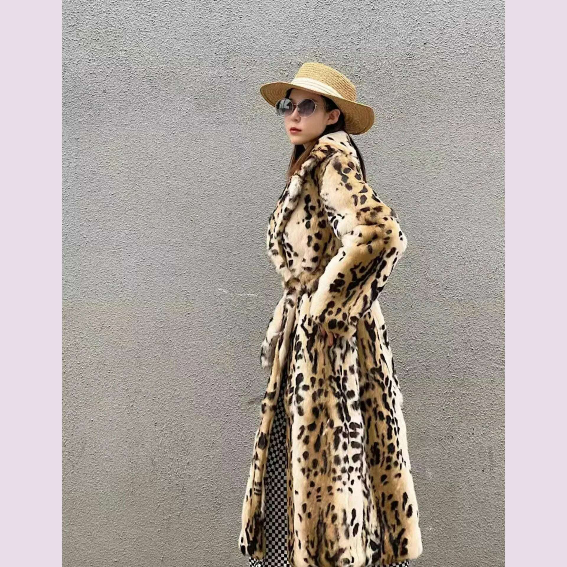 KIMLUD, Genuine natural real Rabbit Fur Coat women's long leopard jacket with belt ladies warm winter outwear custom any size, KIMLUD Womens Clothes