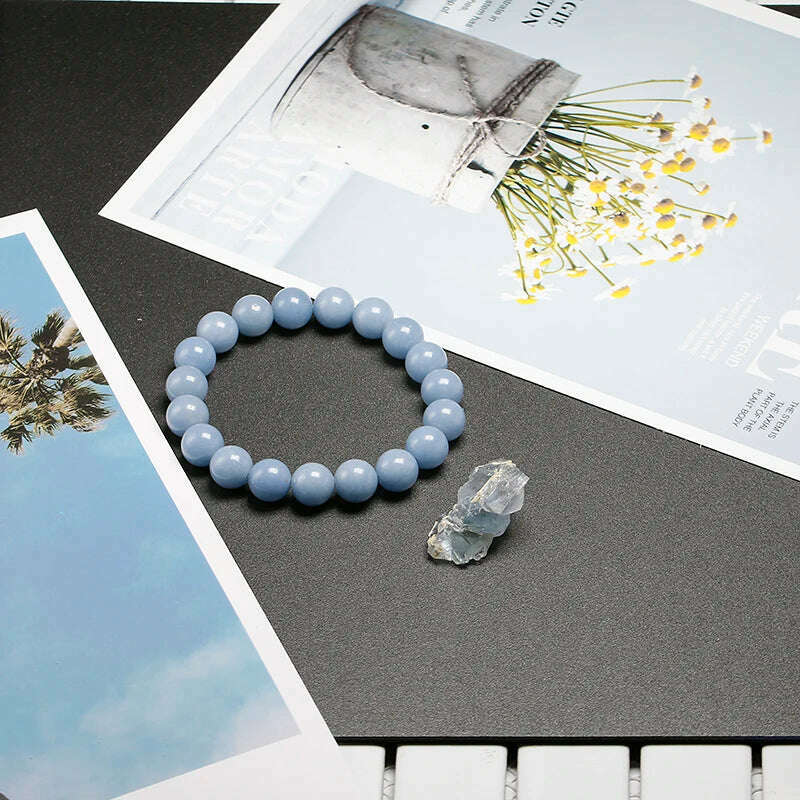 KIMLUD, Genuine Natural Stone Peru Blue Angelite Round Beads 6 8 10MM  Bracelet For Women Men Energy Handmade Jewelry Gift, KIMLUD Womens Clothes