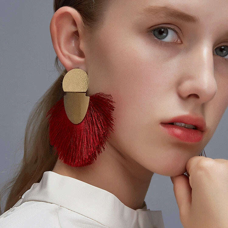 KIMLUD, Geometry Retro Dull Polish Fan Blue Pink White Red Black Yellow Golden Alloy Drop Earrings Dangle Earrings for Women, KIMLUD Womens Clothes