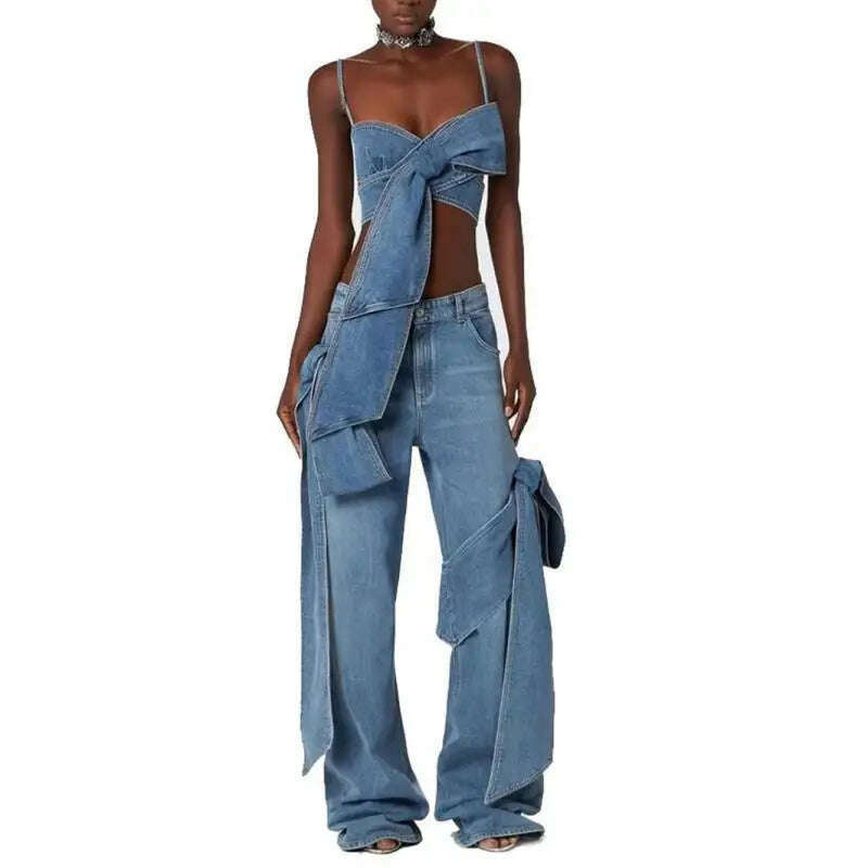 GetSpring Women Denim Pants Sets 2024 Vintage 3D Bow Strapless Backless Sexy Crop Tops Straight Wide Leg Jeans Two Pieces Sets - KIMLUD