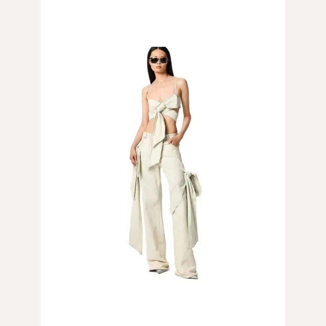 GetSpring Women Denim Pants Sets 2024 Vintage 3D Bow Strapless Backless Sexy Crop Tops Straight Wide Leg Jeans Two Pieces Sets - KIMLUD