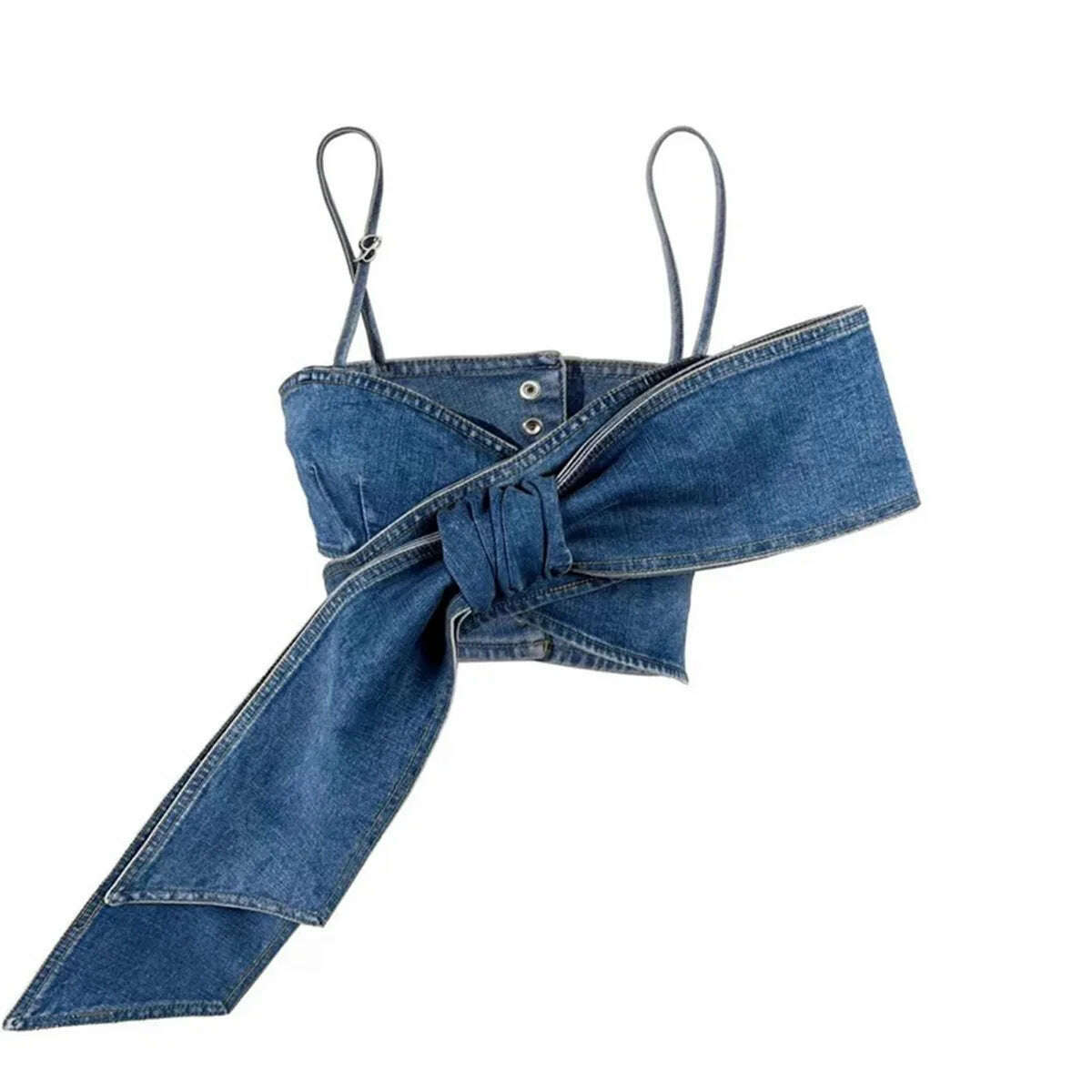 GetSpring Women Denim Pants Sets 2024 Vintage 3D Bow Strapless Backless Sexy Crop Tops Straight Wide Leg Jeans Two Pieces Sets - KIMLUD