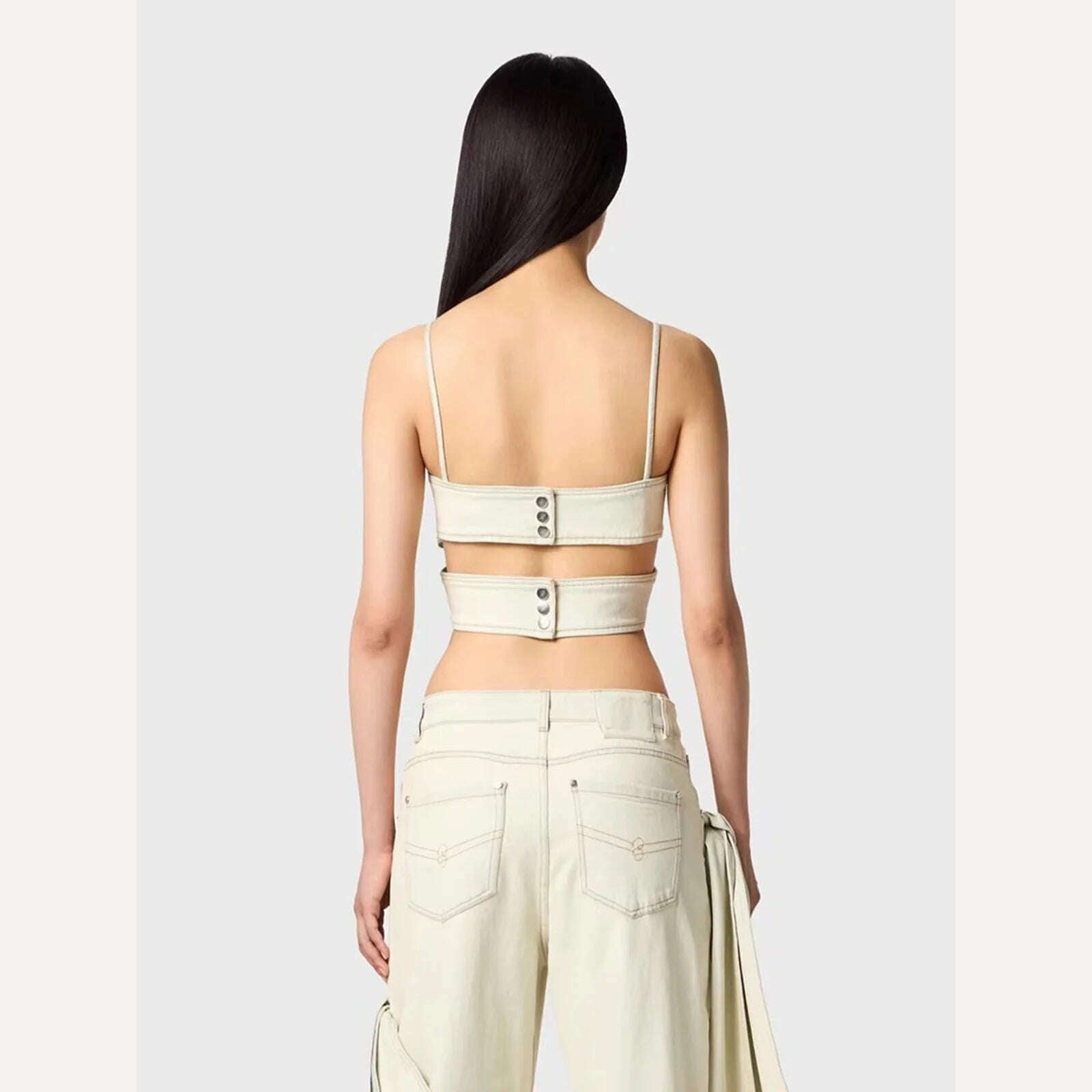 GetSpring Women Denim Pants Sets 2024 Vintage 3D Bow Strapless Backless Sexy Crop Tops Straight Wide Leg Jeans Two Pieces Sets - KIMLUD