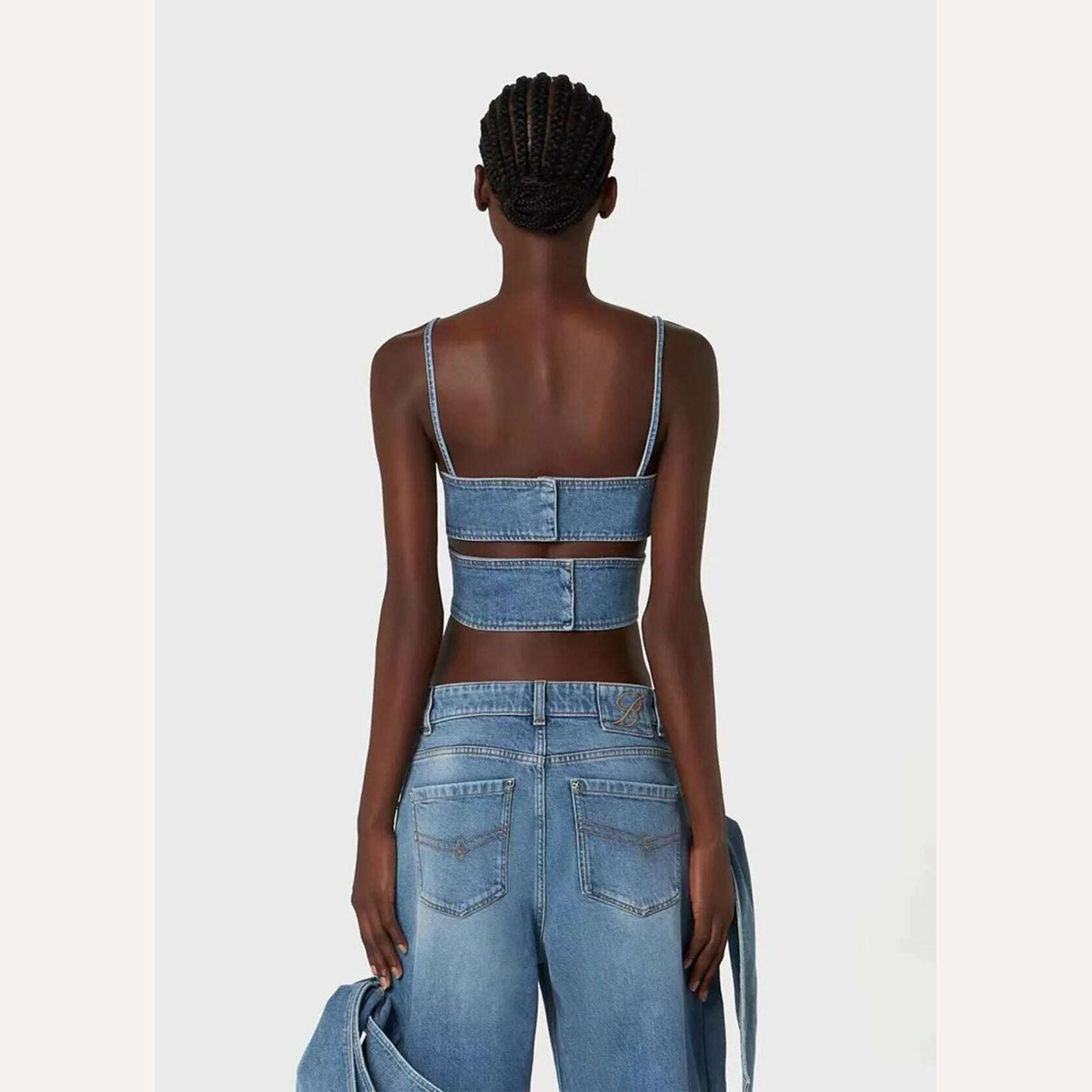 GetSpring Women Denim Pants Sets 2024 Vintage 3D Bow Strapless Backless Sexy Crop Tops Straight Wide Leg Jeans Two Pieces Sets - KIMLUD