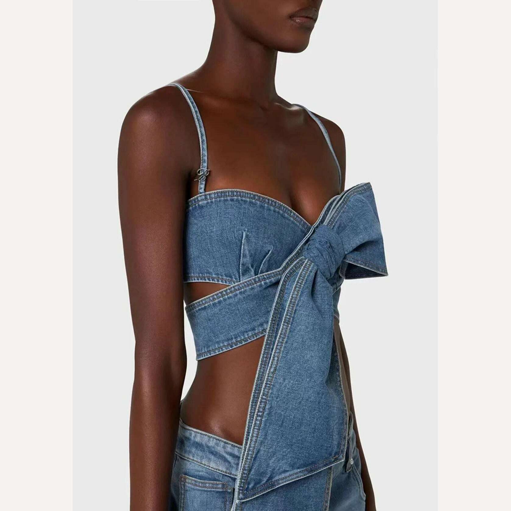 GetSpring Women Denim Pants Sets 2024 Vintage 3D Bow Strapless Backless Sexy Crop Tops Straight Wide Leg Jeans Two Pieces Sets - KIMLUD