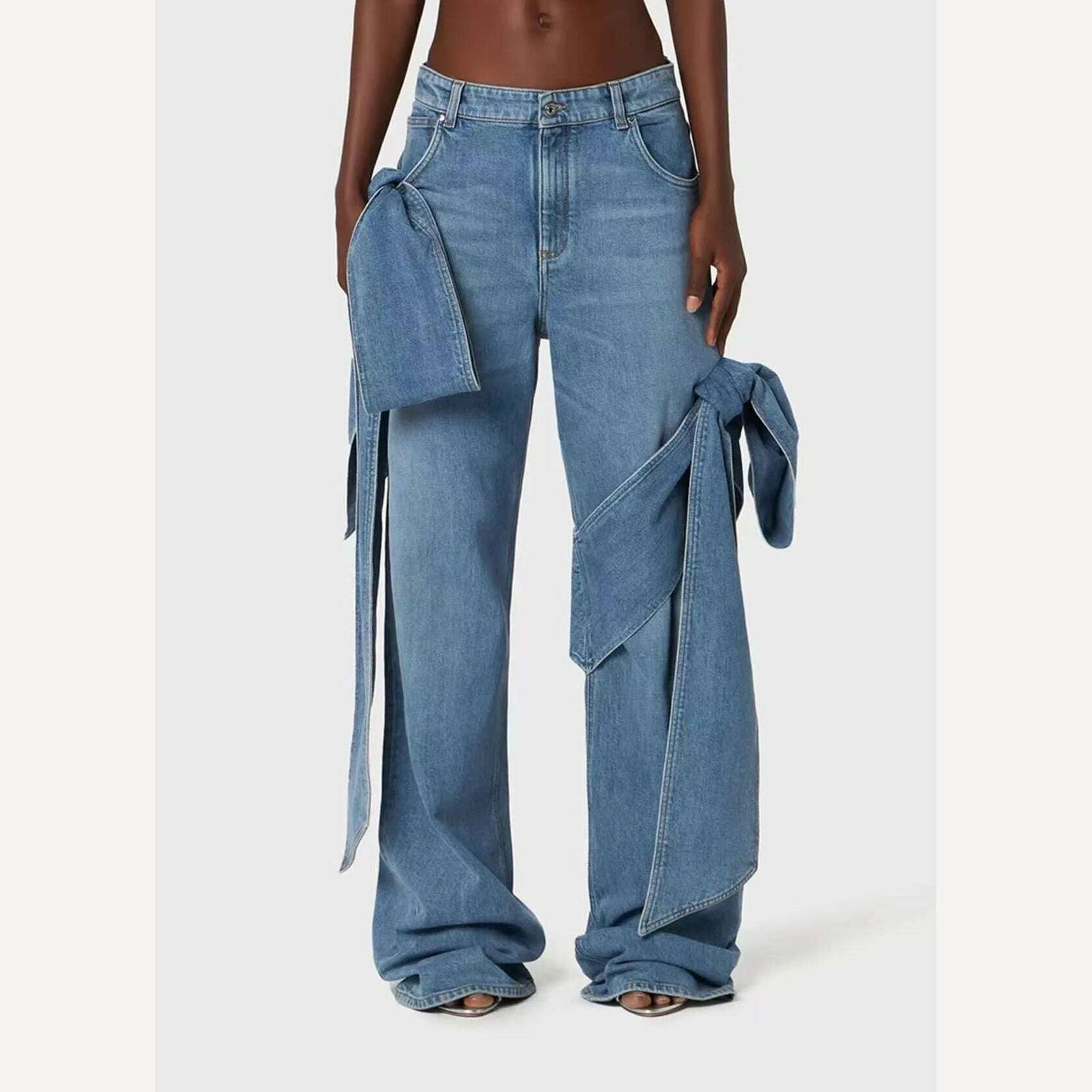 GetSpring Women Denim Pants Sets 2024 Vintage 3D Bow Strapless Backless Sexy Crop Tops Straight Wide Leg Jeans Two Pieces Sets - KIMLUD