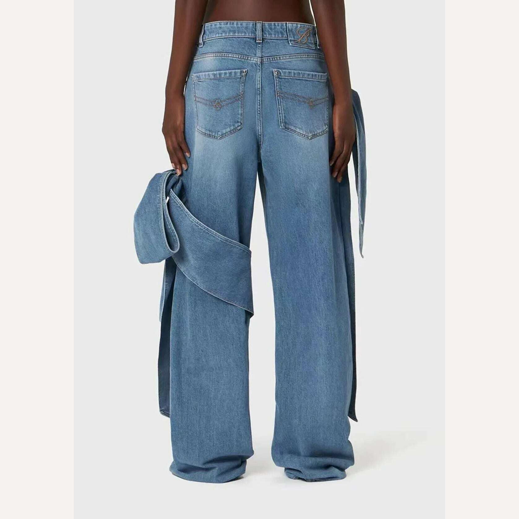 GetSpring Women Denim Pants Sets 2024 Vintage 3D Bow Strapless Backless Sexy Crop Tops Straight Wide Leg Jeans Two Pieces Sets - KIMLUD